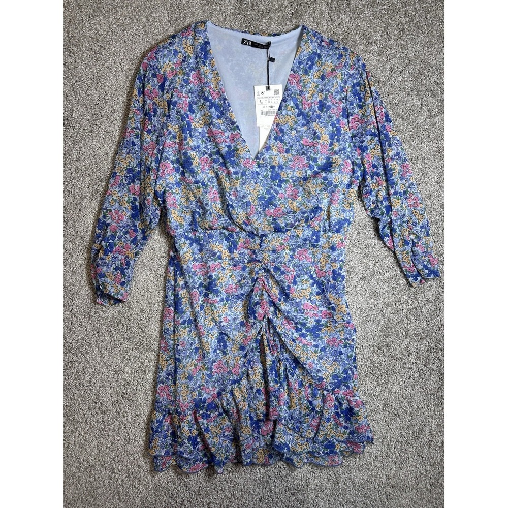 Zara Blue Pink Floral Ruched Mini Dress L NWT V Neck Puff Sleeve Ruffle Hem